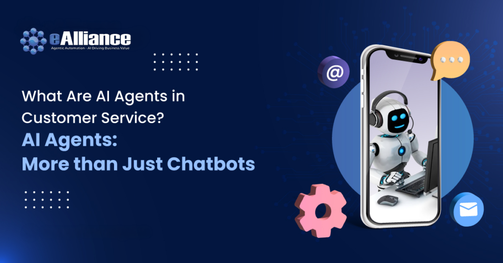 Banner: AI agents in customer service—robot on a phone with chat bubble and gear icons on a dark blue background.