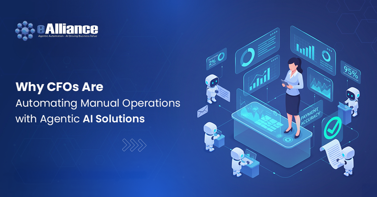 Hero banner promoting AI automation for CFOs: a female executive stands on a holographic desk surrounded by small robots, with the eAlliance logo on the left.