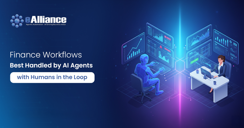Alliance logo in top-left with a blue digital finance scene showing an AI agent at screens and a human at a desk, illustrating AI-assisted finance workflows.