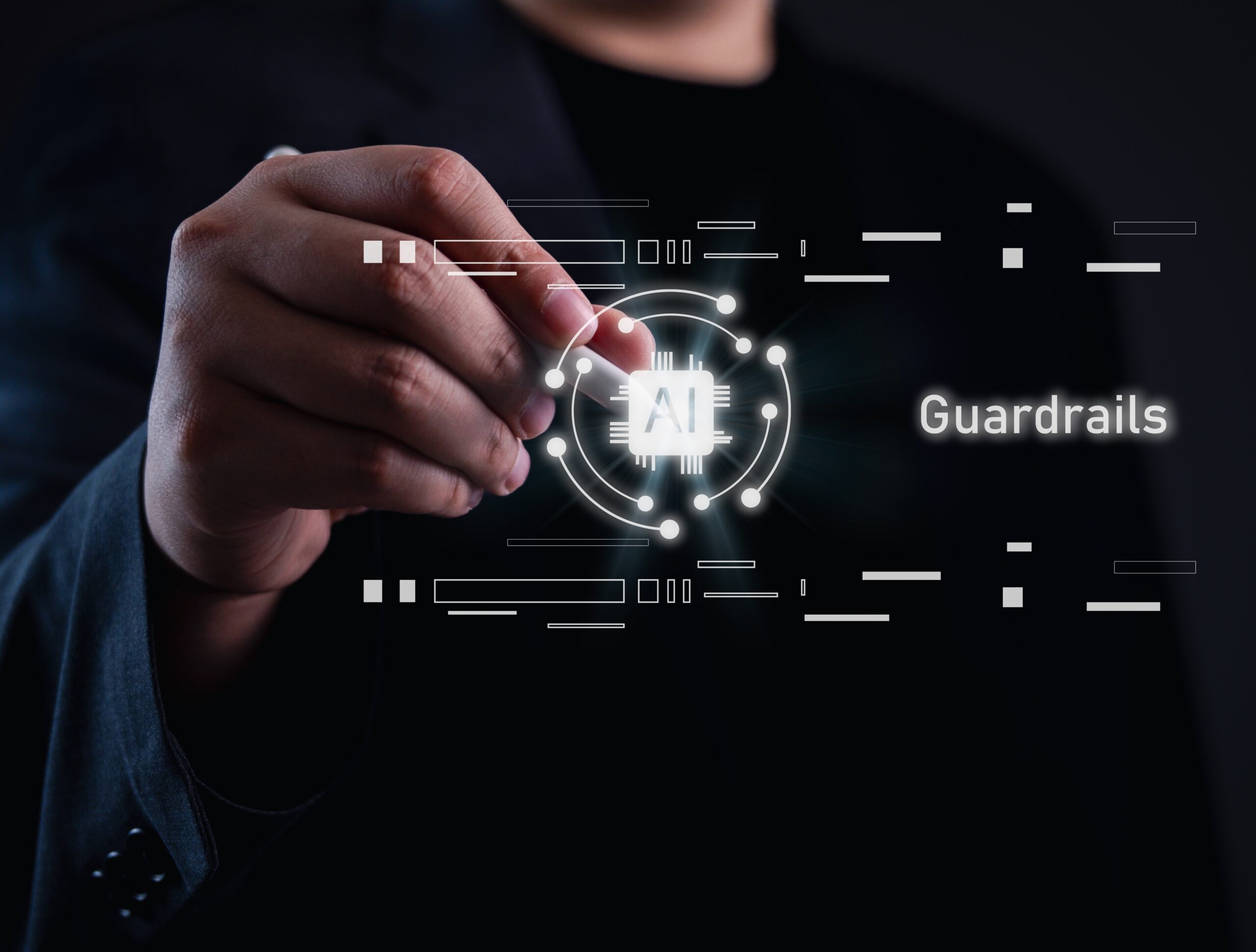 Close-up of a hand pointing at a glowing AI chip with circuit lines and the word 'Guardrails'.